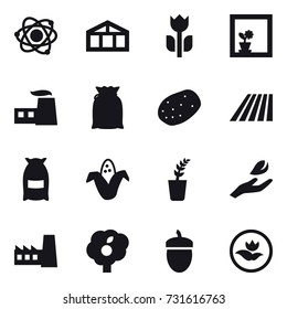 16 vector icon set : atom, greenhouse, flower in window, field, flour, corn, seedling, hand leaf, factory, garden, acorn, ecology