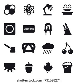16 vector icon set : atom core, atom, table lamp, fountain, ring button, welcome mat, knife holder, turk, rain cloud, cherry, udder, acorn, maple leaf, foam bucket