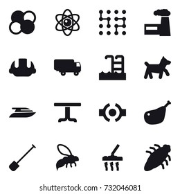 16 vector icon set : atom core, atom, chip, factory, building helmet, pool, dog, yacht, table, shovel, wasp, vacuum cleaner, bug
