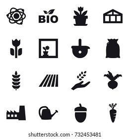 16 vector icon set : atom, bio, flower, greenhouse, flower in window, field, harvest, beet, factory, watering can, acorn, carrot