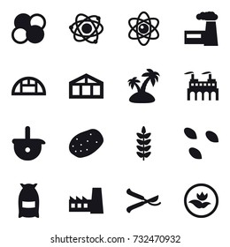 16 vector icon set : atom core, atom, factory, greenhouse, island, seeds, flour, pruner, ecology