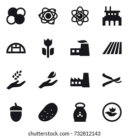 16 vector icon set : atom core, atom, factory, greenhouse, field, harvest, hand leaf, pruner, acorn, potato, fertilizer, ecology