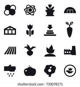 16 vector icon set : atom core, atom, flower, hangare, greenhouse, field, beet, sprouting, factory, sow, tomato, garden, ecology