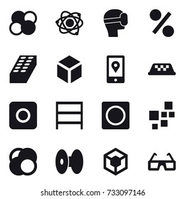 16 vector icon set : atom core, atom, virtual mask, percent, brick, 3d, taxi, ring button, rack