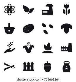 16 vector icon set : atom, factory, seeds, mushroom, harvest, corn, sprouting, pruner, grain elevator, acorn, fertilizer