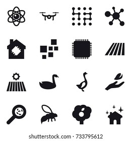 16 vector icon set : atom, drone, chip, smart house, field, goose, hand leaf, viruses, wasp, garden, house cleaning