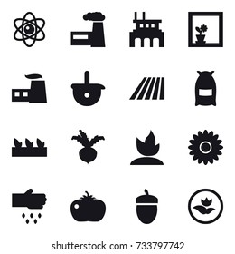 16 vector icon set : atom, factory, flower in window, field, flour, seedling, beet, sprouting, flower, sow, tomato, acorn, ecology