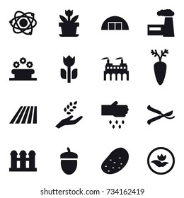 16 vector icon set : atom, flower, hangare, factory, flower bed, field, harvest, sow, pruner, grain elevator, acorn, potato, ecology