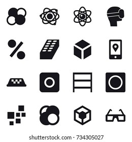 16 vector icon set : atom core, atom, virtual mask, percent, brick, 3d, taxi, ring button, rack