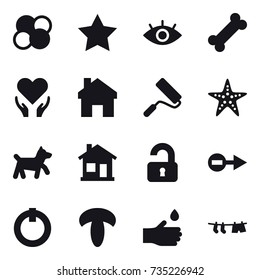 16 vector icon set : atom core, star, home, repair, starfish, dog, unlocked, hand drop, drying clothe