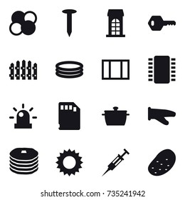 16 vector icon set : atom core, nail, building, key, fence, inflatable pool, window, pan, cook glove, sun, syringe, potato
