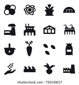 16 vector icon set : atom core, atom, flower, hangare, factory, greenhouse, seeds, flour, harvest, seedling, beet