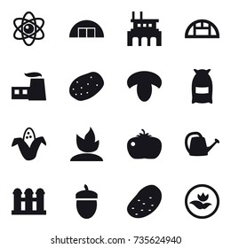 16 vector icon set : atom, hangare, factory, greenhouse, mushroom, flour, corn, sprouting, tomato, watering can, grain elevator, acorn, potato, ecology