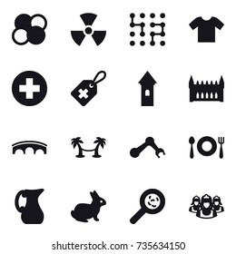 16 vector icon set : atom core, nuclear, chip, t-shirt, tower, gothic architecture, bridge, palm hammock, jug, rabbit, viruses, outsource