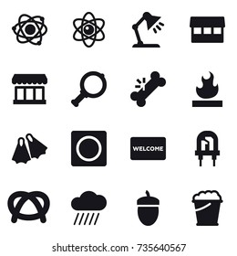 16 vector icon set : atom, table lamp, market, magnifier, flippers, ring button, welcome mat, rain cloud, acorn, foam bucket