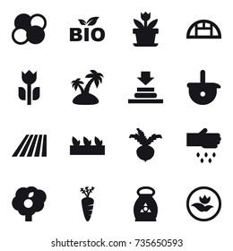 16 vector icon set : atom core, bio, flower, greenhouse, island, field, seedling, beet, sow, garden, carrot, fertilizer, ecology