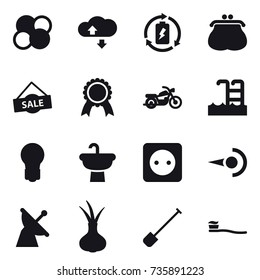 16 vector icon set : atom core, cloude service, battery charge, purse, sale, medal, motorcycle, pool, bulb, power socket, shovel, tooth brush