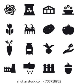 16 vector icon set : atom, nuclear power, greenhouse, flower bed, flour, beet, hand leaf, factory, sow, grain elevator, acorn