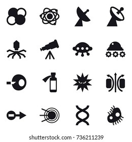 16 vector icon set : atom core, atom, satellite antenna, virus, telescope, ufo, lunar rover, microb