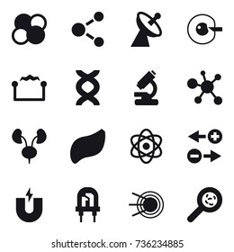 16 vector icon set : atom core, molecule, satellite antenna, cell corection, electrostatic, viruses