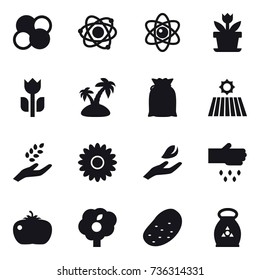 16 vector icon set : atom core, atom, flower, island, field, harvest, hand leaf, sow, tomato, garden, potato, fertilizer