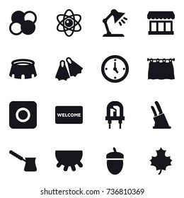 16 vector icon set : atom core, atom, table lamp, market, stadium, flippers, watch, curtain, ring button, welcome mat, knife holder, turk, udder, acorn, maple leaf