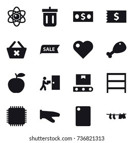 16 vector icon set : atom, bin, money, receipt, delete cart, sale, heart, chicken leg, rack, cook glove, cutting board, drying clothe