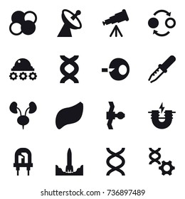 16 vector icon set : atom core, satellite antenna, telescope, quantum bond, lunar rover