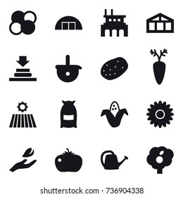 16 vector icon set : atom core, hangare, factory, greenhouse, field, flour, corn, flower, hand leaf, tomato, watering can, garden