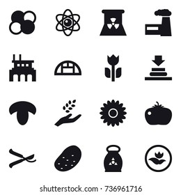 16 vector icon set : atom core, atom, nuclear power, factory, greenhouse, mushroom, harvest, flower, tomato, pruner, potato, fertilizer, ecology