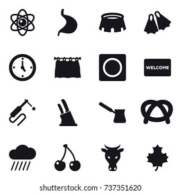 16 vector icon set : atom, stadium, flippers, watch, curtain, ring button, welcome mat, knife holder, turk, rain cloud, cherry, cow, maple leaf