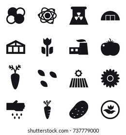 16 vector icon set : atom core, atom, nuclear power, hangare, greenhouse, seeds, field, flower, sow, carrot, potato, ecology