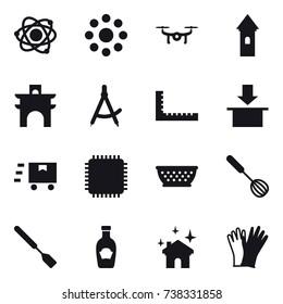 16 vector icon set : atom, round around, drone, tower, arch, draw compass, ruler, kolander, whisk, spatula, house cleaning, gloves