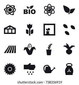 16 vector icon set : atom, bio, greenhouse, flower in window, seeds, field, corn, seedling, beet, flower, sow, watering can, fertilizer