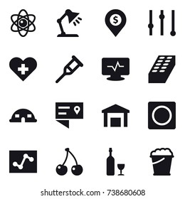 16 vector icon set : atom, table lamp, dollar pin, equalizer, brick, dome house, ring button, cherry, wine, foam bucket