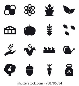 16 vector icon set : atom core, atom, flower, greenhouse, seeds, harvest, corn, seedling, watering can, garden, acorn, carrot, fertilizer