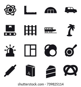 16 vector icon set : atom, ruler, hangare, train, palm, alarm, window, pan, rolling pin