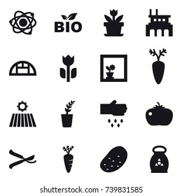 16 vector icon set : atom, bio, flower, factory, greenhouse, flower in window, field, seedling, sow, tomato, pruner, carrot, potato, fertilizer