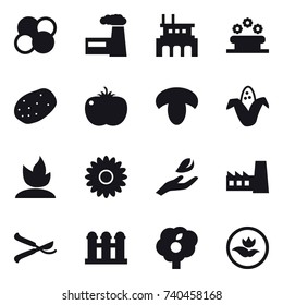 16 vector icon set : atom core, factory, flower bed, mushroom, corn, sprouting, flower, hand leaf, pruner, grain elevator, garden, ecology