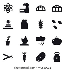 16 vector icon set : atom, factory, greenhouse, seeds, seedling, sprouting, sow, tomato, pruner, carrot, potato, fertilizer