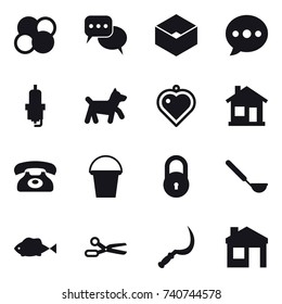 16 vector icon set : atom core, discussion, box, ballon, spark plug, dog, heart pendant, home, phone, bucket, ladle, scissors, sickle, house