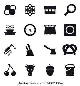 16 vector icon set : atom core, atom, market, magnifier, fountain, watch, curtain, ring button, knife holder, turk, cherry, cow, acorn, foam bucket