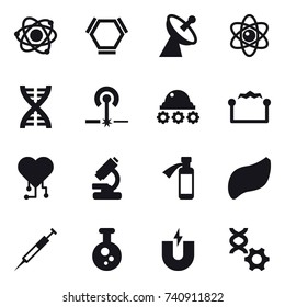 16 vector icon set : atom, hex molecule, satellite antenna, dna, laser, lunar rover, electrostatic, cardio chip