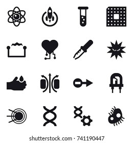 16 vector icon set : atom, rocket, vial, cpu, electrostatic, cardio chip, microb