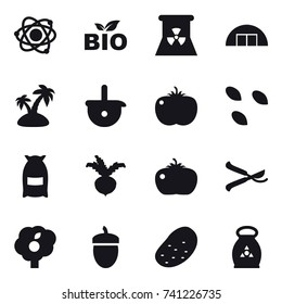 16 vector icon set : atom, bio, nuclear power, hangare, island, seeds, flour, beet, tomato, pruner, garden, acorn, potato, fertilizer