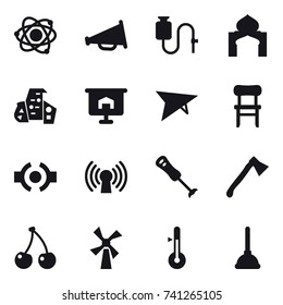 16 vector icon set : atom, loudspeaker, minaret, modern architecture, presentation, deltaplane, chair, axe, cherry, windmill, thermometer, plunger