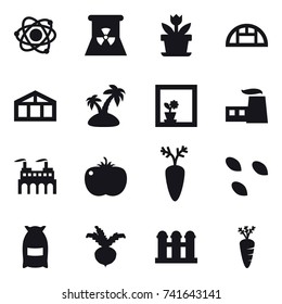 16 vector icon set : atom, nuclear power, flower, greenhouse, island, flower in window, seeds, flour, beet, grain elevator, carrot