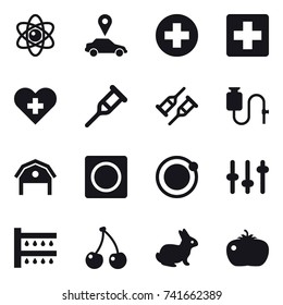 16 vector icon set : atom, car pointer, barn, ring button, watering, cherry, rabbit, tomato