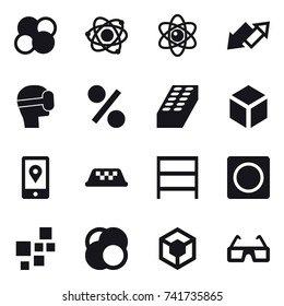 16 vector icon set : atom core, atom, up down arrow, virtual mask, percent, brick, 3d, taxi, rack, ring button