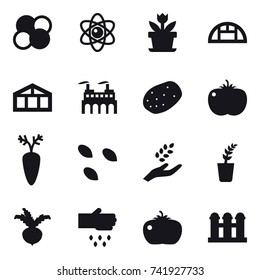 16 vector icon set : atom core, atom, flower, greenhouse, seeds, harvest, seedling, beet, sow, tomato, grain elevator